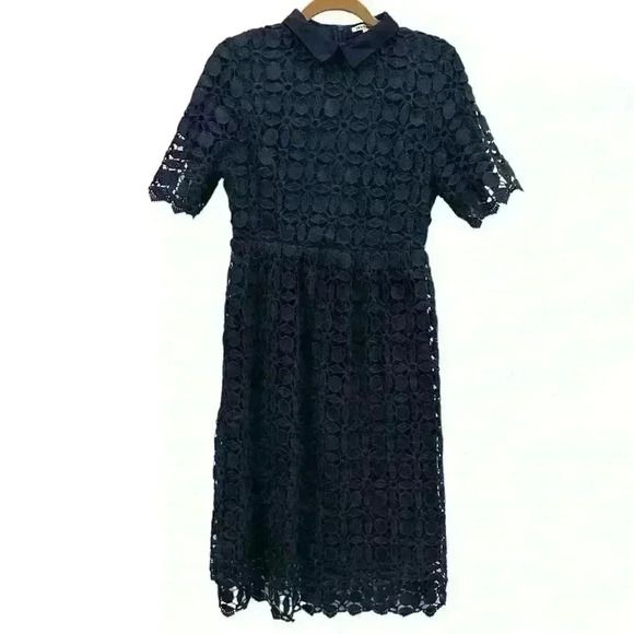 Jessakae Collared Navy Lace Overlay Short Sleeve Zip Back Midi Dress Women’s M - Picture 5 of 10